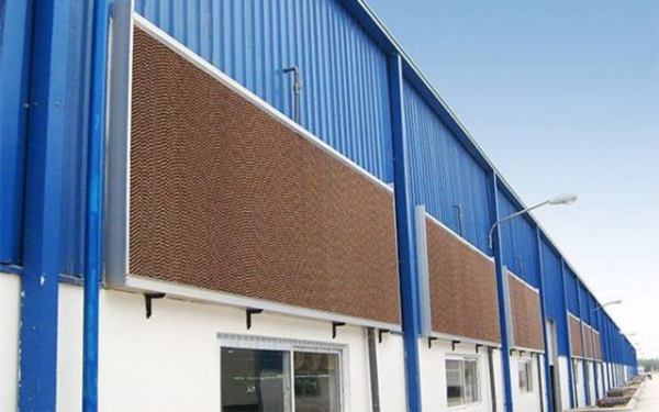Hệ thống tấm cooling pad lắp dọc tường nhà xưởng để làm mát bằng bay hơi nước