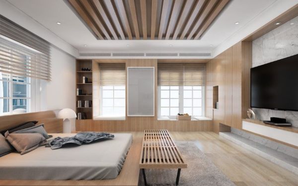 Phòng khách hiện đại với trần gỗ tông nâu ấm áp, gần gũi