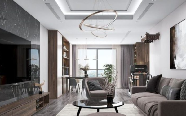 Trần thạch cao giật cấp 2 tầng kết hợp đèn LED âm trần tạo nên đường nét sắc sảo, tối giản nhưng vẫn sang trọng