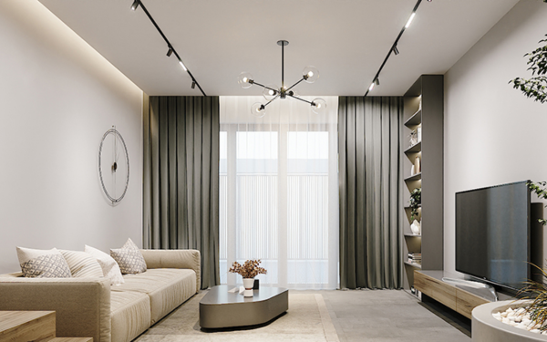 Trần phẳng kết hợp hài hòa với hệ thống đèn LED ánh vàng, mang đến không gian ấm cúng và dễ chịu