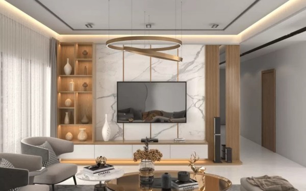 Trần thạch cao hiện đại phối vách đá marble tạo nên cảm giác sang trọng