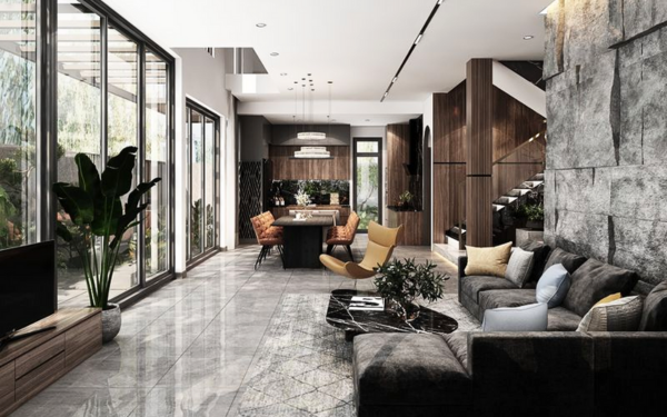 Phòng khách liền bếp sang trọng ốp đá marble