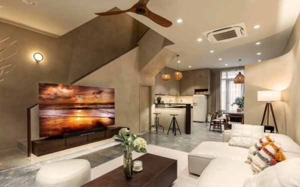 Sofa da cao cấp phòng khách liền bếp sang trọng