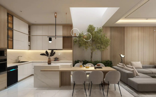 Phòng khách bếp liền mạch phong cách Minimalism