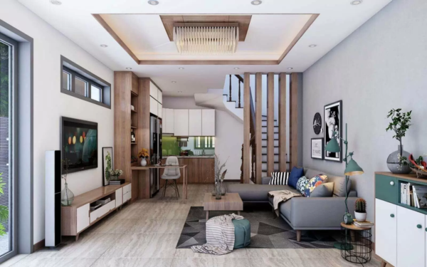 Phòng khách nhỏ liền bếp tối giản tinh tế